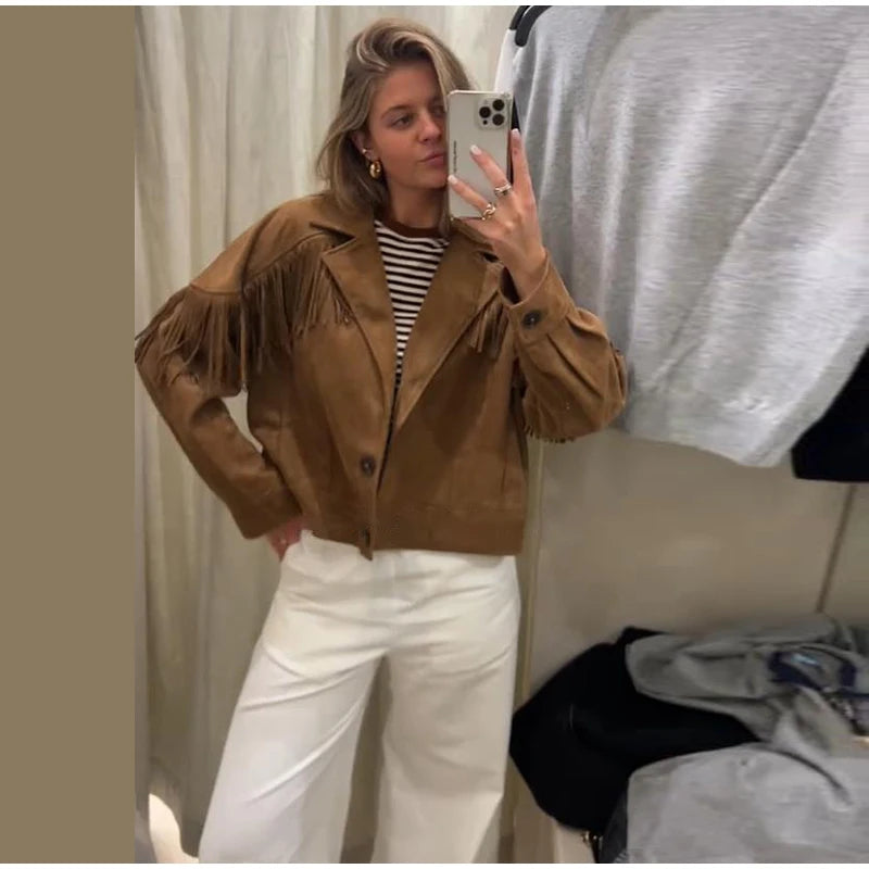 Faux suede fringe crop Jacket styled with white pants