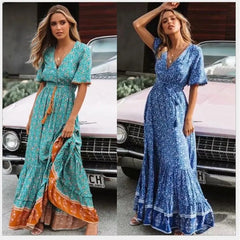 Bohemian floral print V-neck maxi dress with short sleeves