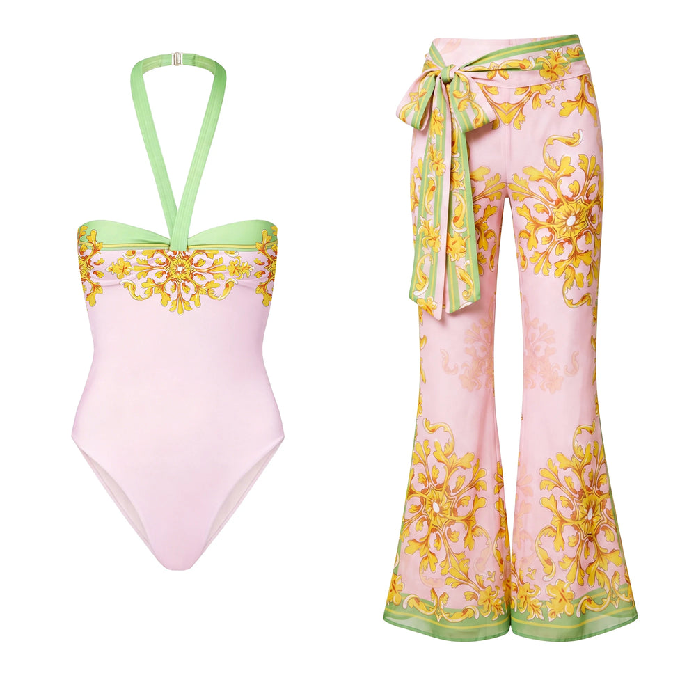 One-piece swimsuit and flared pants with baroque print.