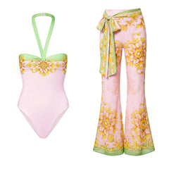 One-piece swimsuit and flared pants with baroque print.