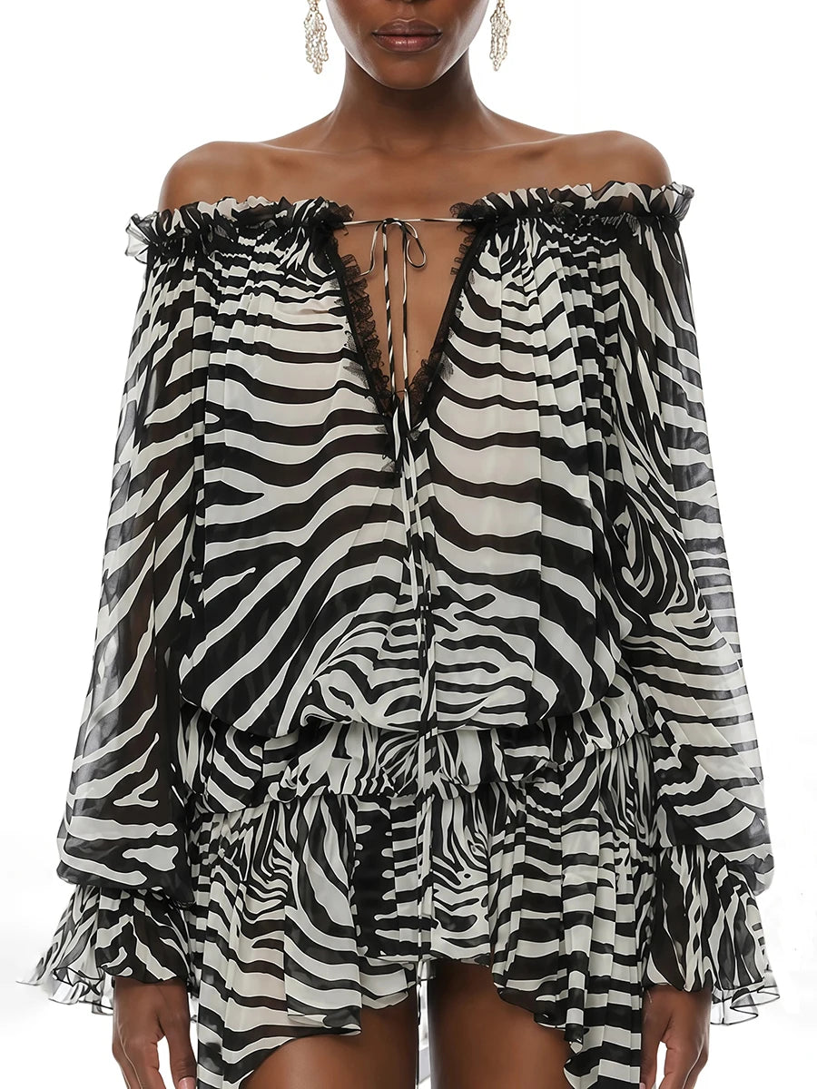 Close-up of zebra print off shoulder top neckline