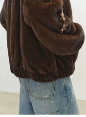 Beaded Brown Faux Fur Bomber Jacket
