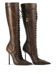 Brown lace-up stiletto heel knee-high boots