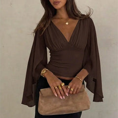 Ruched V-neck cape sleeve top in brown