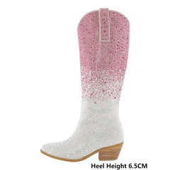 Pink and white cowboy boot with rhinestone details on a white background