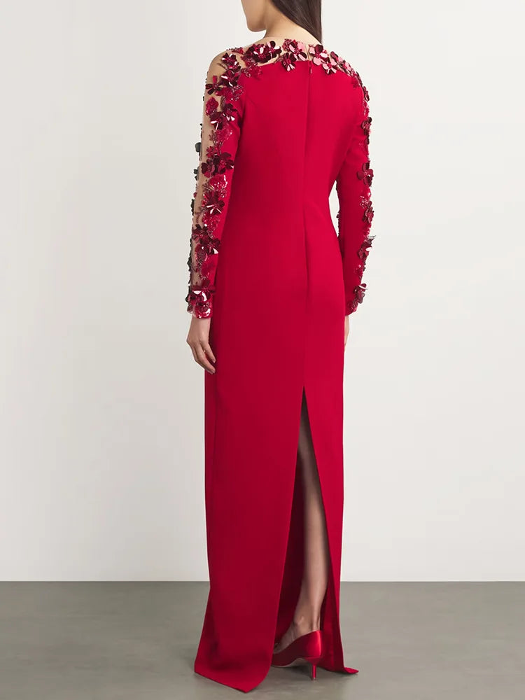 Red three-dimensional flower mesh sleeve maxi dress, back view