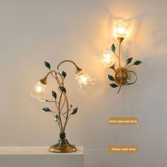 Glass Copper Green Leaf Flower LED Table Lamps