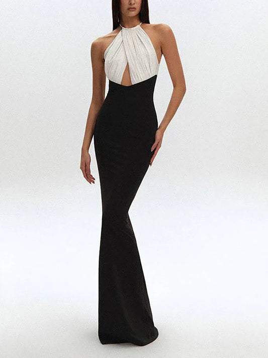 Halter neck cutout colorblock maxi dress front view