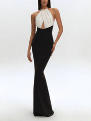 Halter neck cutout colorblock maxi dress front view