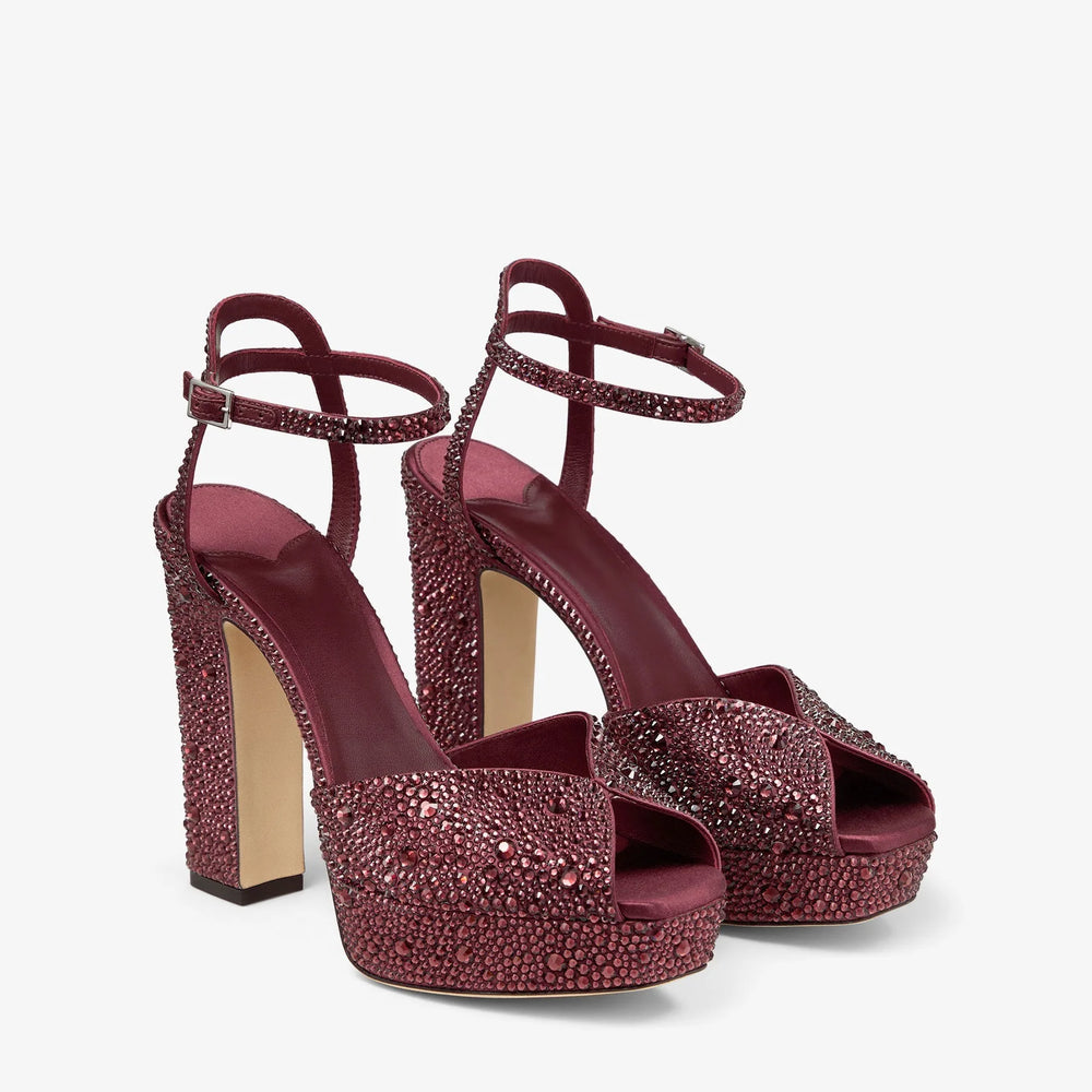 Wine red crystal embellished platform sandals with a chunky block heel and ankle strap.