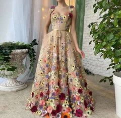 3D Flower Embroidery Square Neck Pocket Long Dress