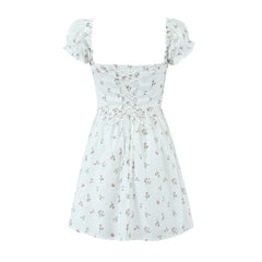 Flower Bow Corset Lacing up Back Puff Sleeve Mini Dress