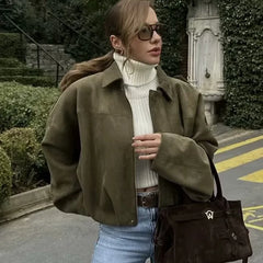 Faux suede cropped bomber jacket styled with a turtleneck