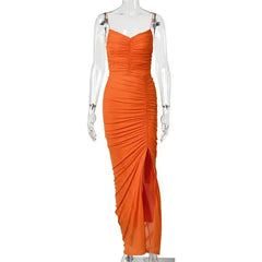 Ruched High Slit Spaghetti Strap Maxi Dress