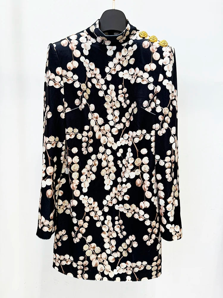 Velvet Beaded Berry Print Mock Neck Dress on a hanger (front view)