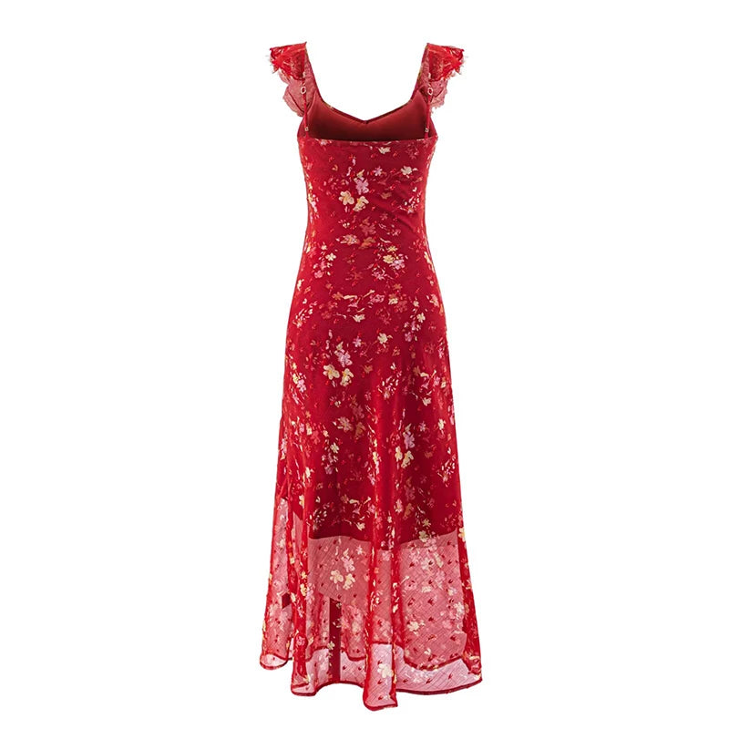Back view of red floral print v-neck ruffle midi dress