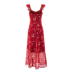 Back view of red floral print v-neck ruffle midi dress