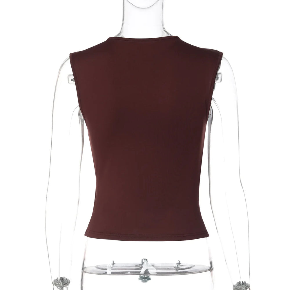 Brown sleeveless top on a mannequin against a white background