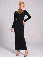 Embellished neck long sleeve black maxi dress