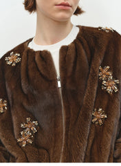 Beaded Brown Faux Fur Bomber Jacket