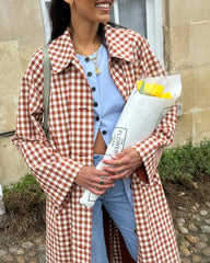Red Gingham Lapel Long Trench Coat