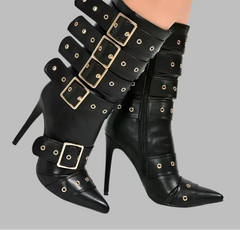 Belt Buckle Thin Heels Side Zipper Ankle Boots