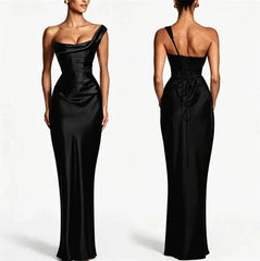 Satin Bodycon One Shoulder Cowl Neck Maxi Dress