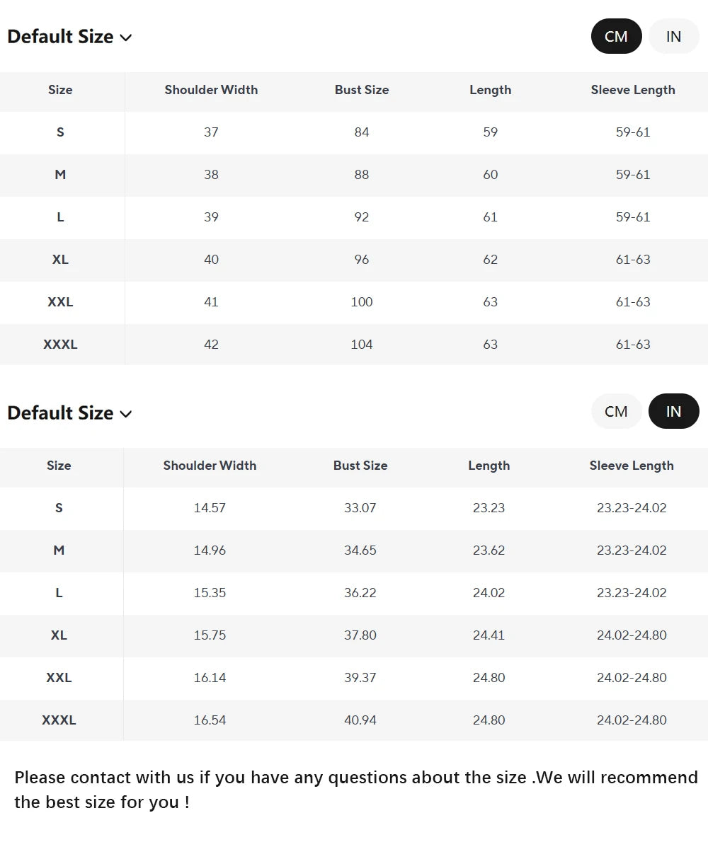 Size chart for clothing with shoulder width, bust size, length, and sleeve length measurements.