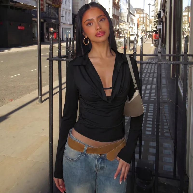 Black ruched collar long sleeve cropped top