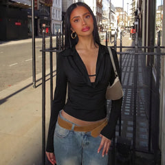 Black ruched collar long sleeve cropped top