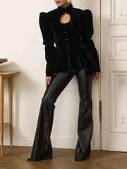 Velvet Peplum Jacket with Cutout Neckline and Puffed Sleeves