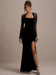 black velvet maxi dress with square neckline and mesh sleeves
