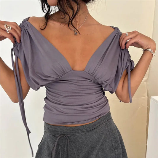Deep V neck ruched drawstring sleeve top in grey