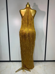 Beaded Fringe Halter Gown