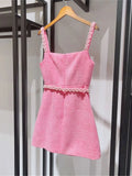 Bow Pink Tweed Sling Pearls Trim Short Dress