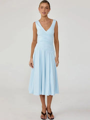 Light blue v-neck ruched midi dress