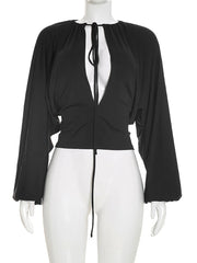 Tie Neck Slit Long Sleeve Blouse