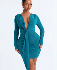Teal draped V-neck long sleeve mini dress