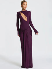 Draped Ruched Front Hollow Out Long Sleeve Maxi Dress