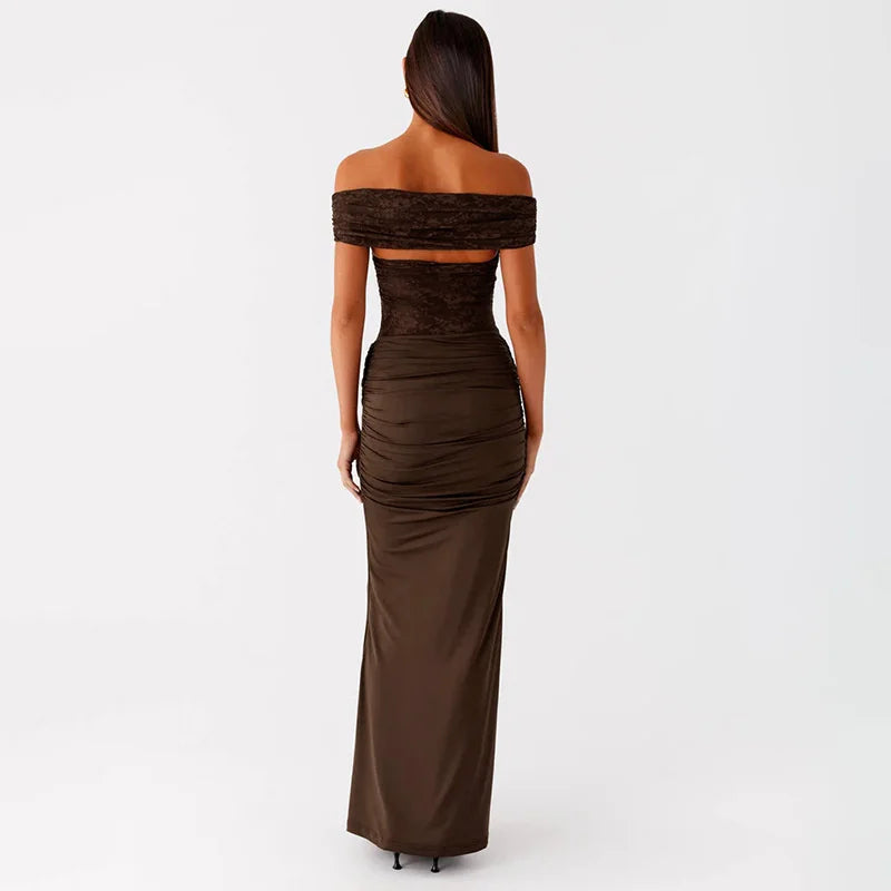 Woman wearing a brown off-shoulder evening gown on a white background