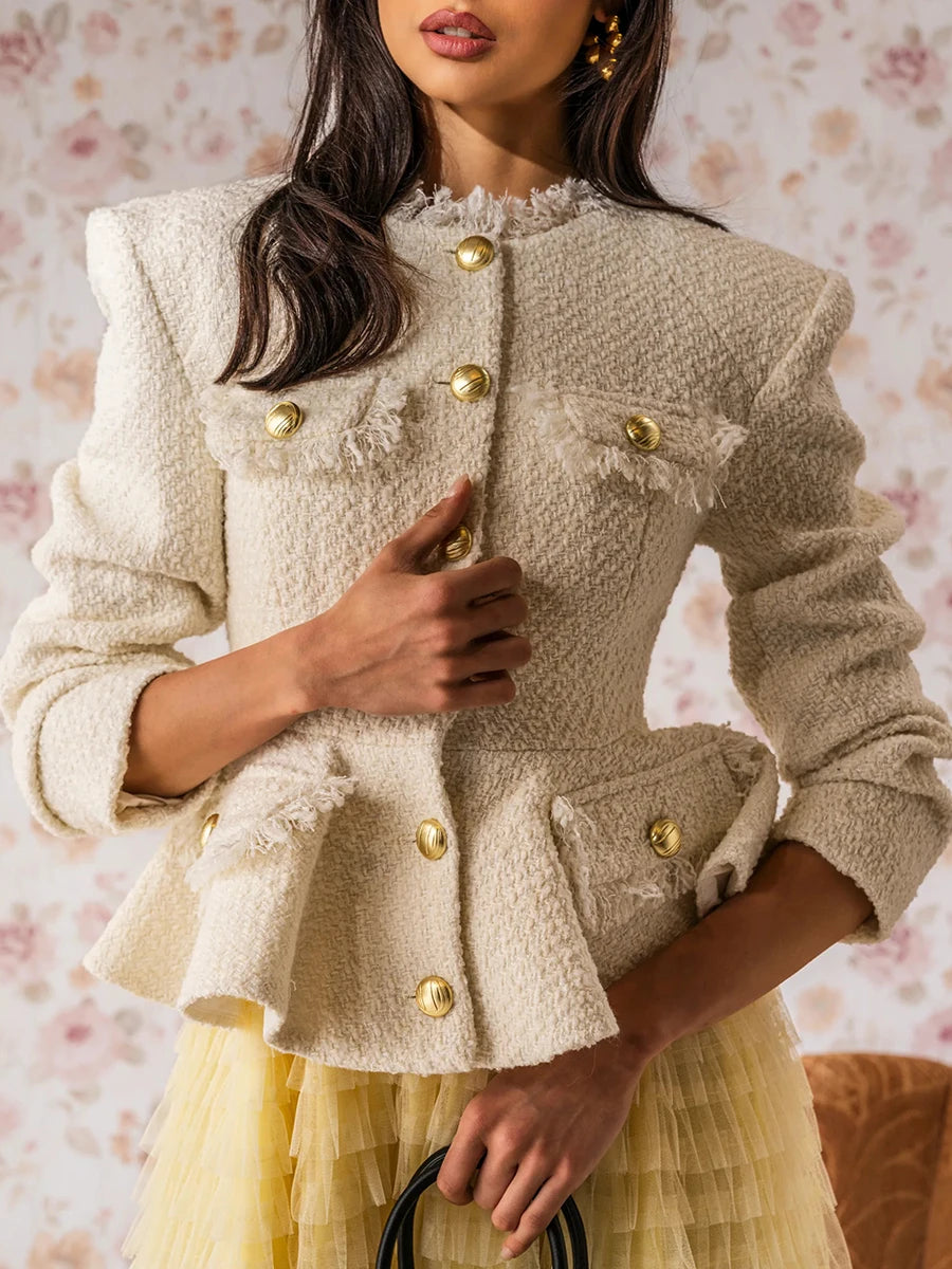 Textured peplum jacket with gold buttons, side view