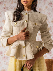 Textured peplum jacket with gold buttons, side view