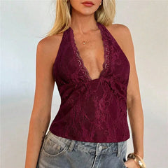 Floral lace halter neck cami top in deep red