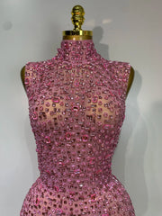 Rhinestone High Neck Sleeveless Dress