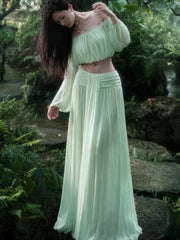 Off-Shoulder Chiffon Crop Top and Maxi Skirt