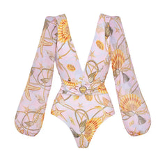 Yellow Blue White Print Long Sleeve Two Piece Set