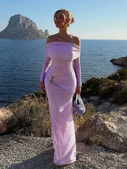 elegant off shoulder evening dress with soft drape
