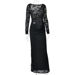 Black Lace Sheer Long Sleeve Ruched Maxi Dress
