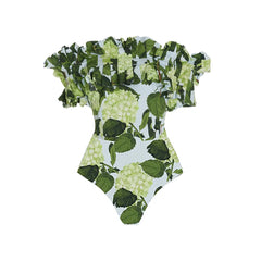 Hydrangea Print Ruffled Off the Shoulder Swimwear Set