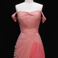 Pink Off Shoulder Ruched Chiffon Gown with Sweep Train